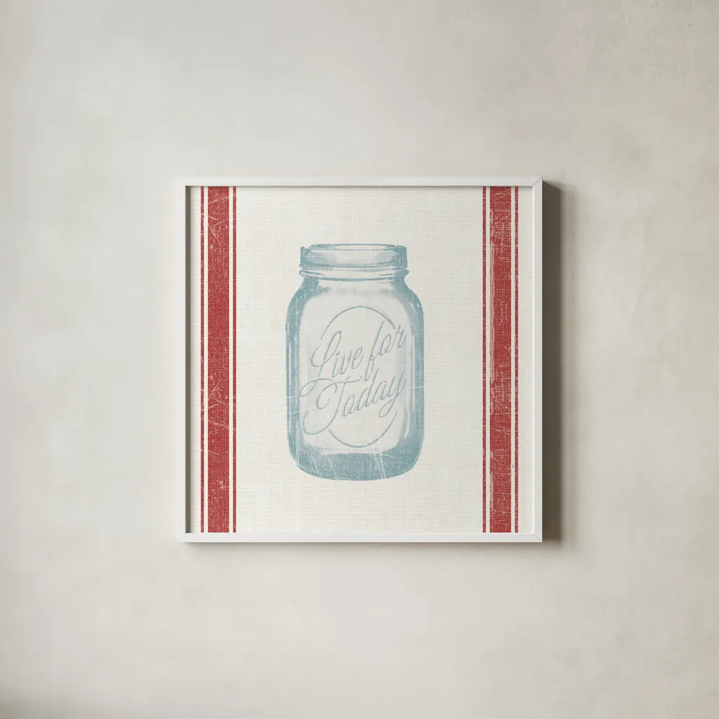 Vintage Mason Jar II by Wild Apple Portfolio. Shown in a crisp white glass frame for a clean and minimalist style. Available as an archival giclee rolled canvas, fine art paper, or poster print. SKU 57423a.