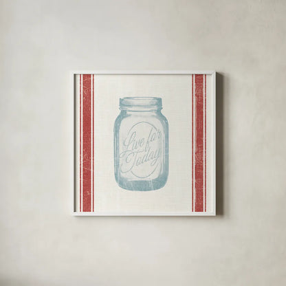 Vintage Mason Jar II by Wild Apple Portfolio. Shown in a crisp white glass frame for a clean and minimalist style. Available as an archival giclee rolled canvas, fine art paper, or poster print. SKU 57423a.