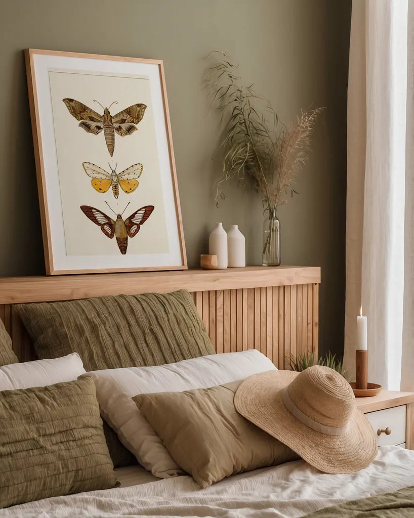 Vintage Moths I by Wild Apple Portfolio. shown as a paper print in a natural frame. Available as a archival giclee rolled canvas, fine art paper, or poster print. SKU 93458h.