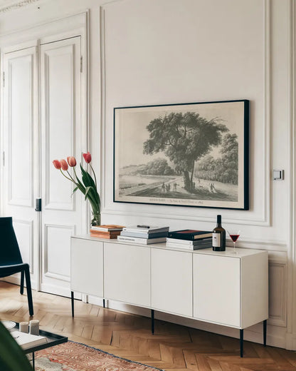Vintage Paris Postcard II by Wild Apple Portfolio. shown as a framed stretched canvas in a living room above a console. Available as a archival giclee rolled canvas, fine art paper, or poster print. SKU 78853i.