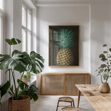 Vintage Pineapple I by Wild Apple Portfolio. shown as a print in a natural wood frame in a dining room. Available as a archival giclee rolled canvas, fine art paper, or poster print. SKU 81201h.