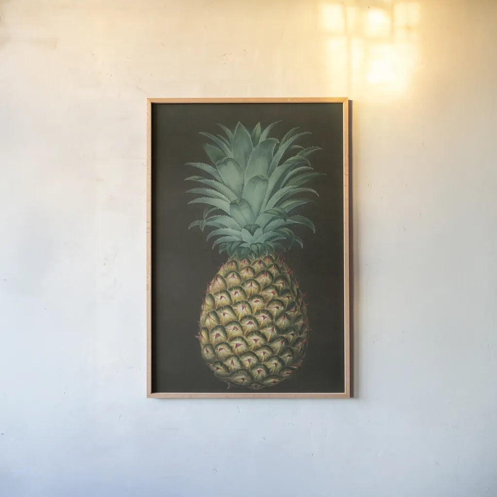 Vintage Pineapple I by Wild Apple Portfolio. shown as a paper print in a natural frame. Available as a archival giclee rolled canvas, fine art paper, or poster print. SKU 81201h.