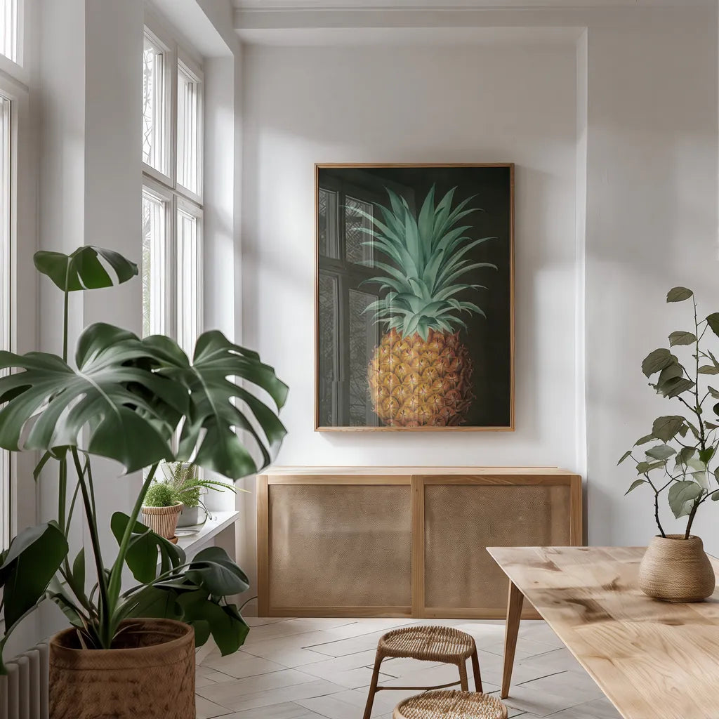 Vintage Pineapple II by Wild Apple Portfolio. shown as a print in a natural wood frame in a dining room. Available as a archival giclee rolled canvas, fine art paper, or poster print. SKU 81202h.