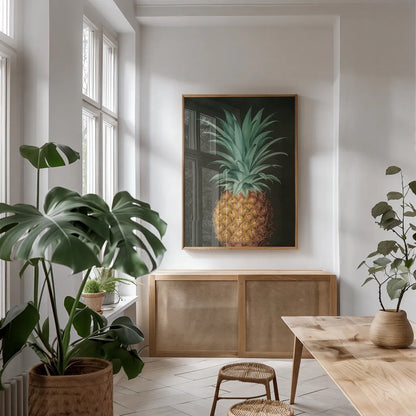 Vintage Pineapple II by Wild Apple Portfolio. shown as a print in a natural wood frame in a dining room. Available as a archival giclee rolled canvas, fine art paper, or poster print. SKU 81202h.
