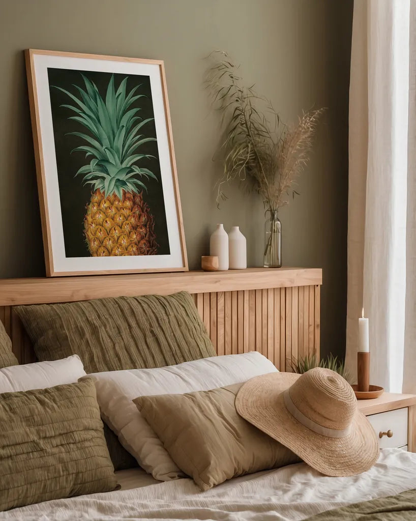 Vintage Pineapple II by Wild Apple Portfolio. shown as a paper print in a natural frame. Available as a archival giclee rolled canvas, fine art paper, or poster print. SKU 81202h.