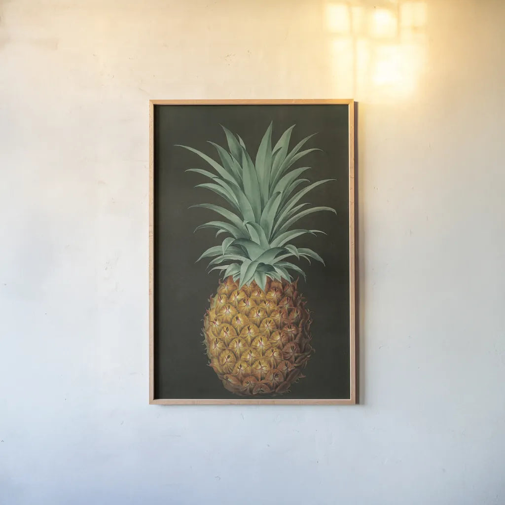 Vintage Pineapple II by Wild Apple Portfolio. shown as a paper print in a natural frame. Available as a archival giclee rolled canvas, fine art paper, or poster print. SKU 81202h.