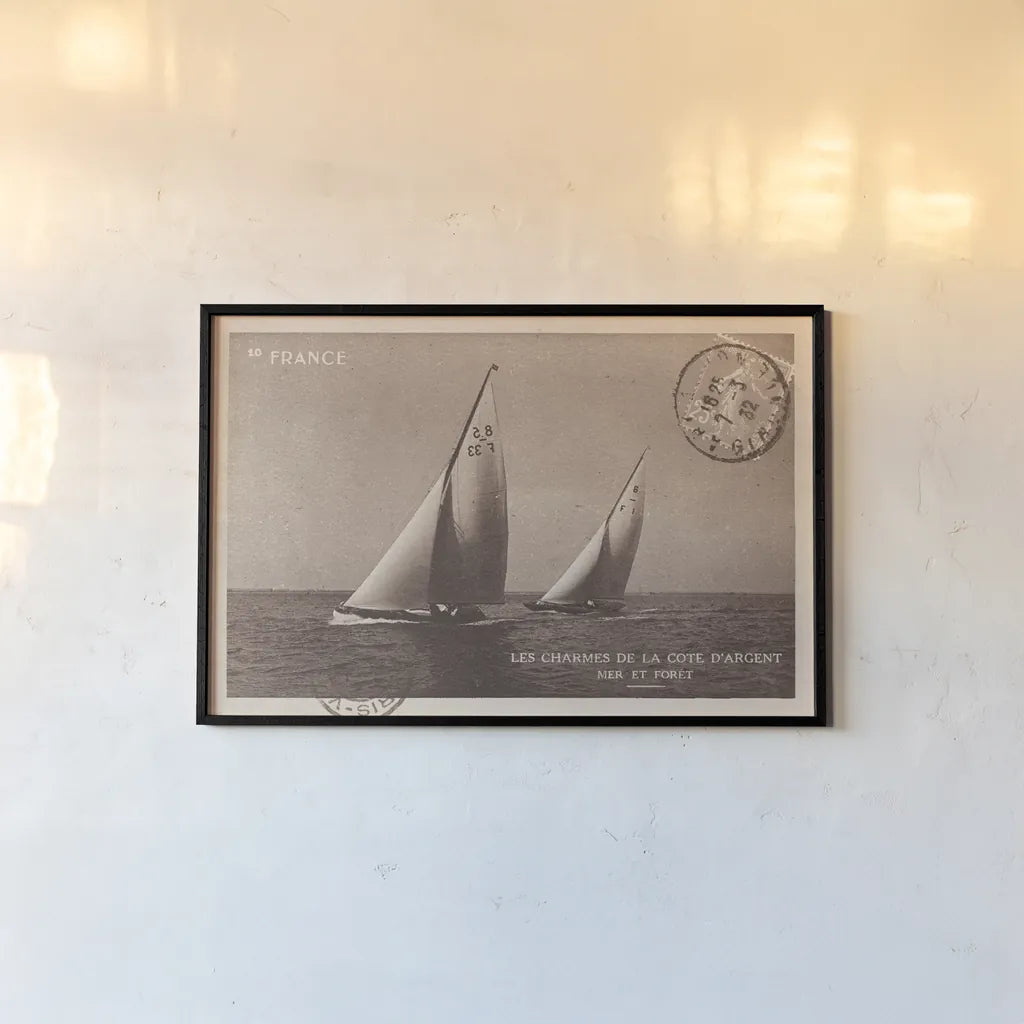 Vintage Sailing I Sepia by Wild Apple Portfolio. shown as a paper print in a black flame. Available as a archival giclee rolled canvas, fine art paper, or poster print. SKU 47261i.