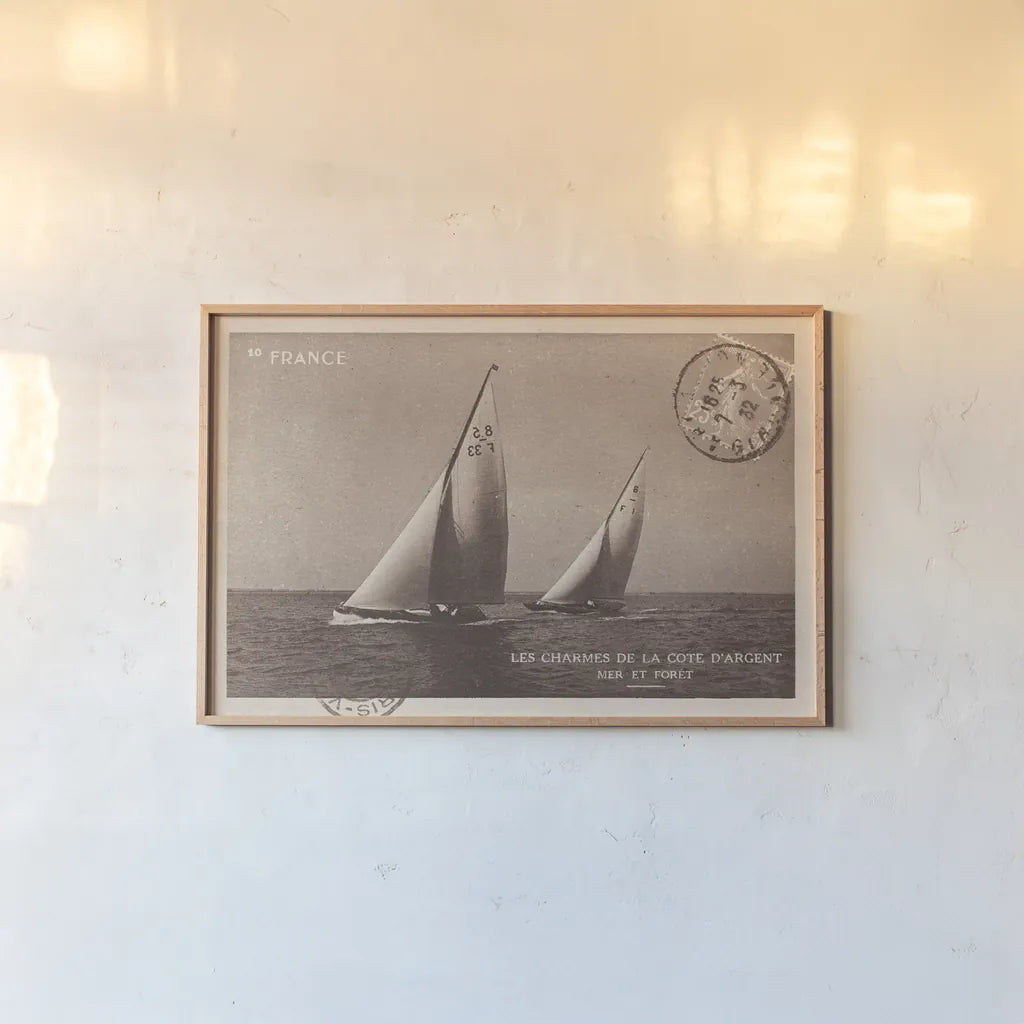 Vintage Sailing I Sepia by Wild Apple Portfolio. shown as a paper print in a natural frame. Available as a archival giclee rolled canvas, fine art paper, or poster print. SKU 47261i.