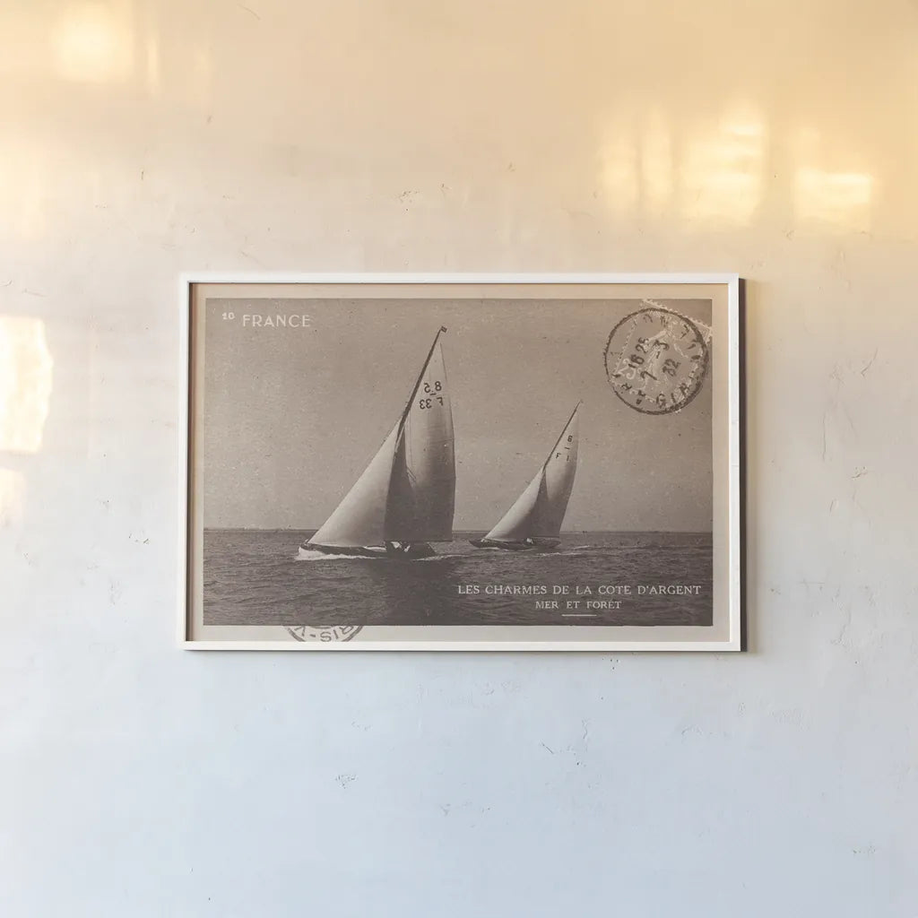 Vintage Sailing I Sepia by Wild Apple Portfolio. shown as a paper print in a white frame. Available as a archival giclee rolled canvas, fine art paper, or poster print. SKU 47261i.