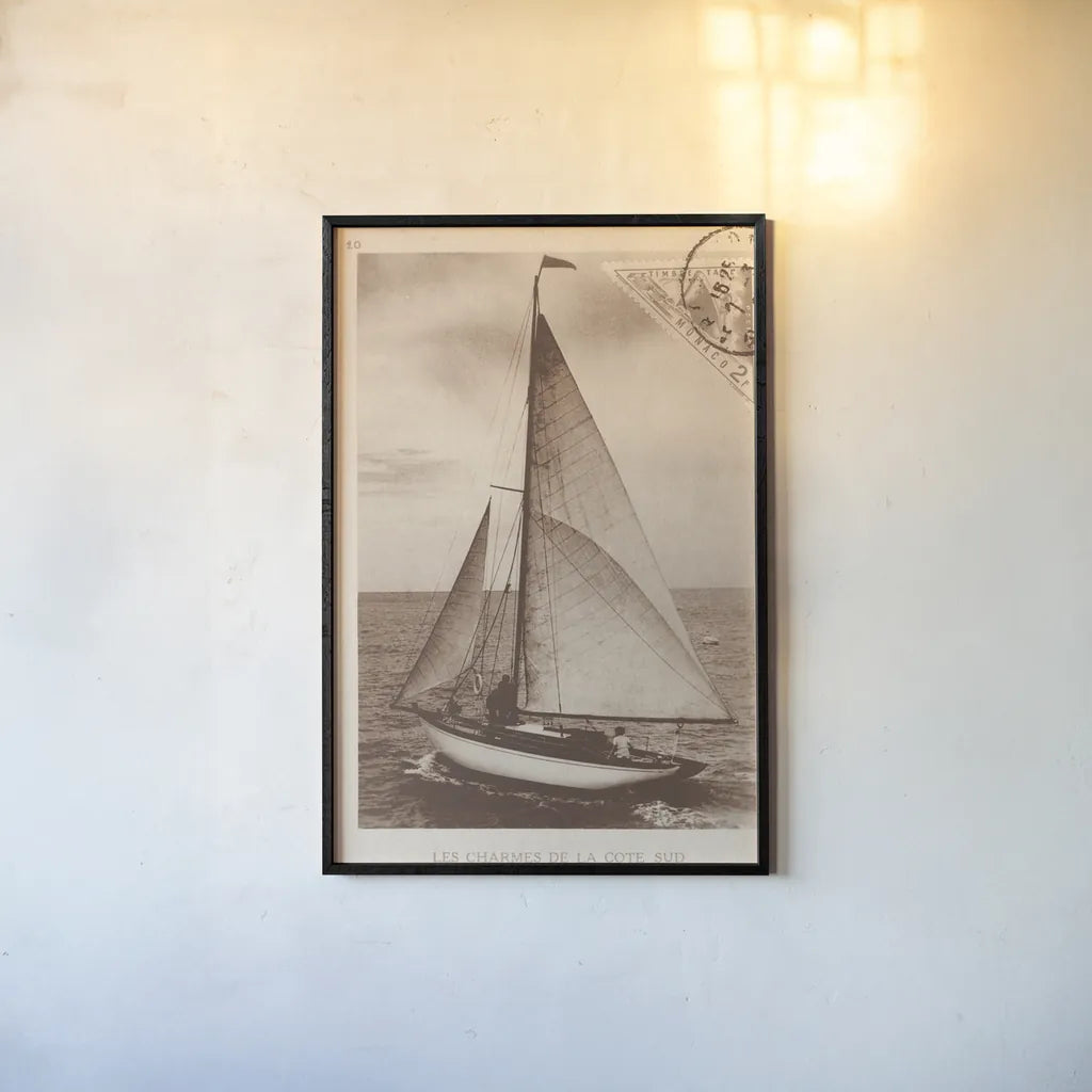 Vintage Sailing II Sepia by Wild Apple Portfolio. shown as a paper print in a black flame. Available as a archival giclee rolled canvas, fine art paper, or poster print. SKU 47262h.