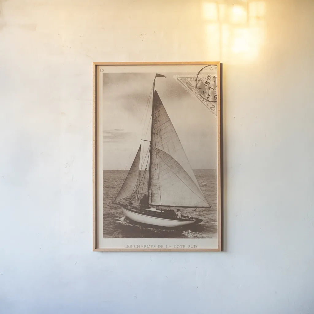 Vintage Sailing II Sepia by Wild Apple Portfolio. shown as a paper print in a natural frame. Available as a archival giclee rolled canvas, fine art paper, or poster print. SKU 47262h.