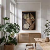 Vintage Shell Toss II by Wild Apple Portfolio. shown as a print in a natural wood frame in a dining room. Available as a archival giclee rolled canvas, fine art paper, or poster print. SKU 104826h.