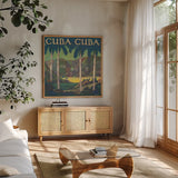 Vintage Travel Brochure V by Wild Apple Portfolio. Shown in a natural wood frame in a cozy modern living room. Available as an archival giclee rolled canvas, fine art paper, or poster print. SKU 27133a.