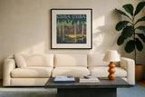 Vintage Travel Brochure V by Wild Apple Portfolio. Displayed in a glass frame with matte in a clean modern living room. Available as an archival giclee rolled canvas, fine art paper, or poster print. SKU 27133a.