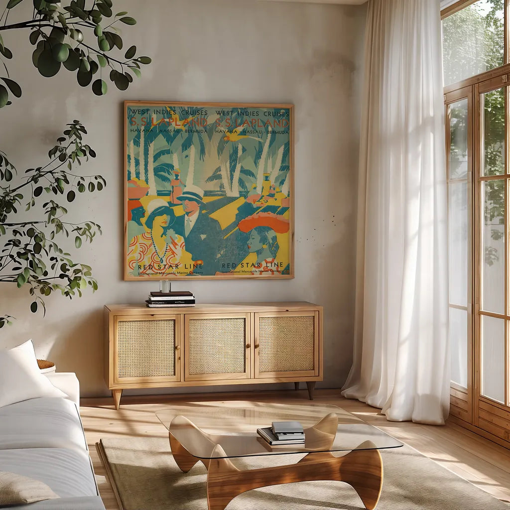 Vintage Travel Brochure VI by Wild Apple Portfolio. Shown in a natural wood frame in a cozy modern living room. Available as an archival giclee rolled canvas, fine art paper, or poster print. SKU 27134a.