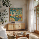 Vintage Travel Brochure VI by Wild Apple Portfolio. Shown in a natural wood frame in a cozy modern living room. Available as an archival giclee rolled canvas, fine art paper, or poster print. SKU 27134a.
