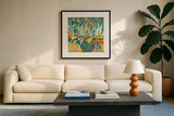 Vintage Travel Brochure VI by Wild Apple Portfolio. Displayed in a glass frame with matte in a clean modern living room. Available as an archival giclee rolled canvas, fine art paper, or poster print. SKU 27134a.