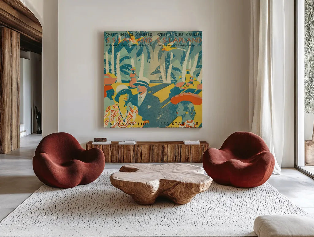 Vintage Travel Brochure VI by Wild Apple Portfolio. Shown as extra-large giant wall art in a modern living room. Available as an archival giclee rolled canvas, fine art paper, or poster print. SKU 27134a.
