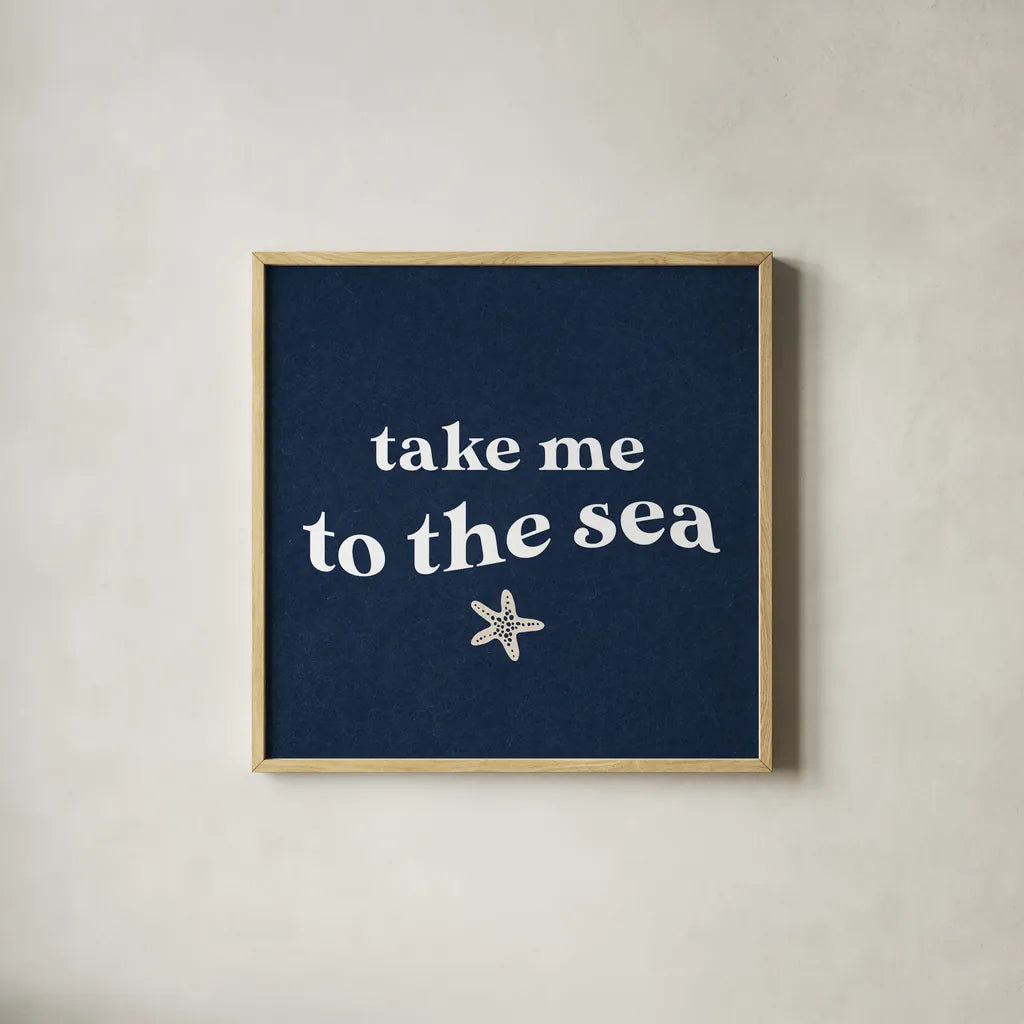 Wave Words I Navy Sq by Wild Apple Portfolio. Shown in a natural wood glass frame for a timeless modern aesthetic. Available as an archival giclee rolled canvas, fine art paper, or poster print. SKU 89043a.
