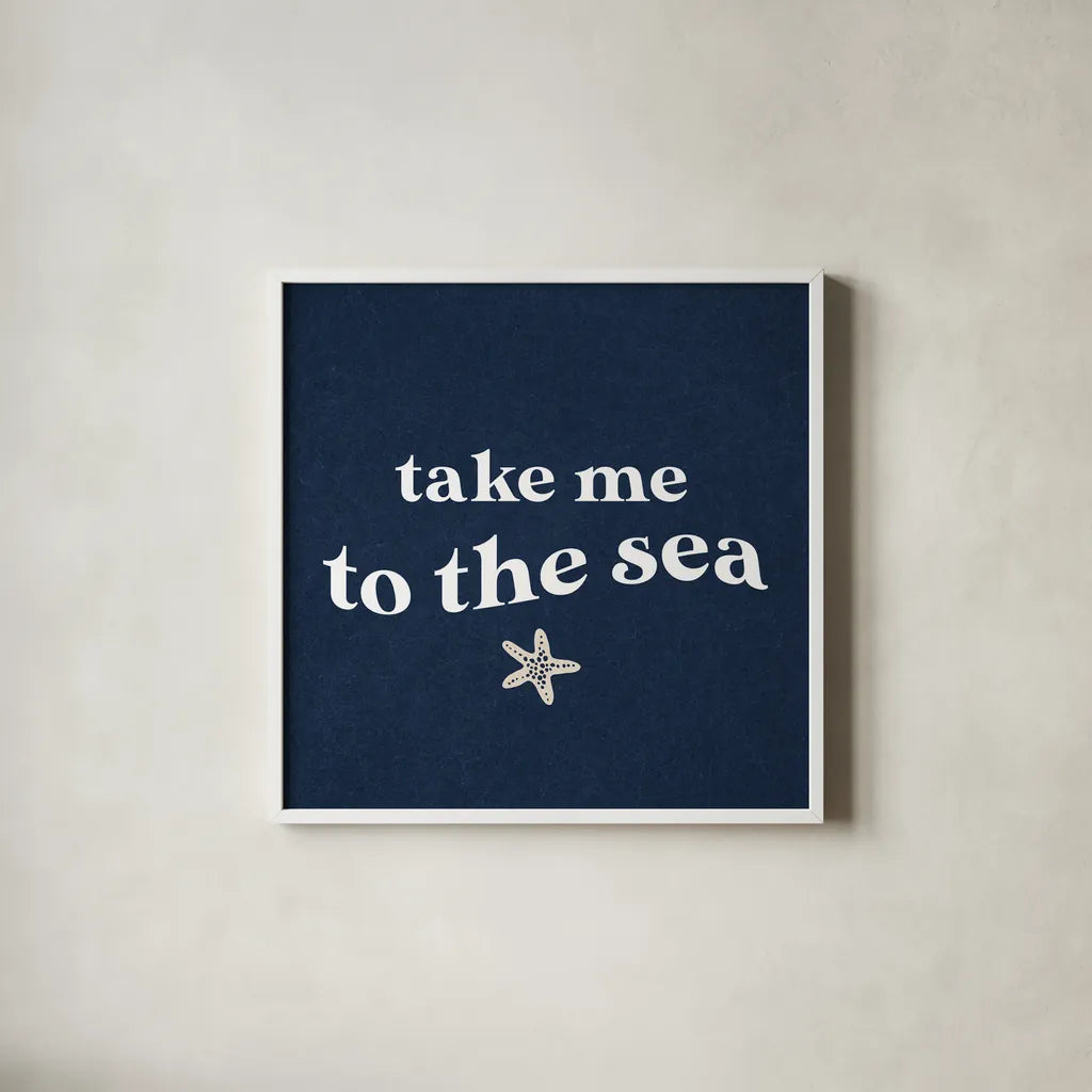 Wave Words I Navy Sq by Wild Apple Portfolio. Shown in a crisp white glass frame for a clean and minimalist style. Available as an archival giclee rolled canvas, fine art paper, or poster print. SKU 89043a.