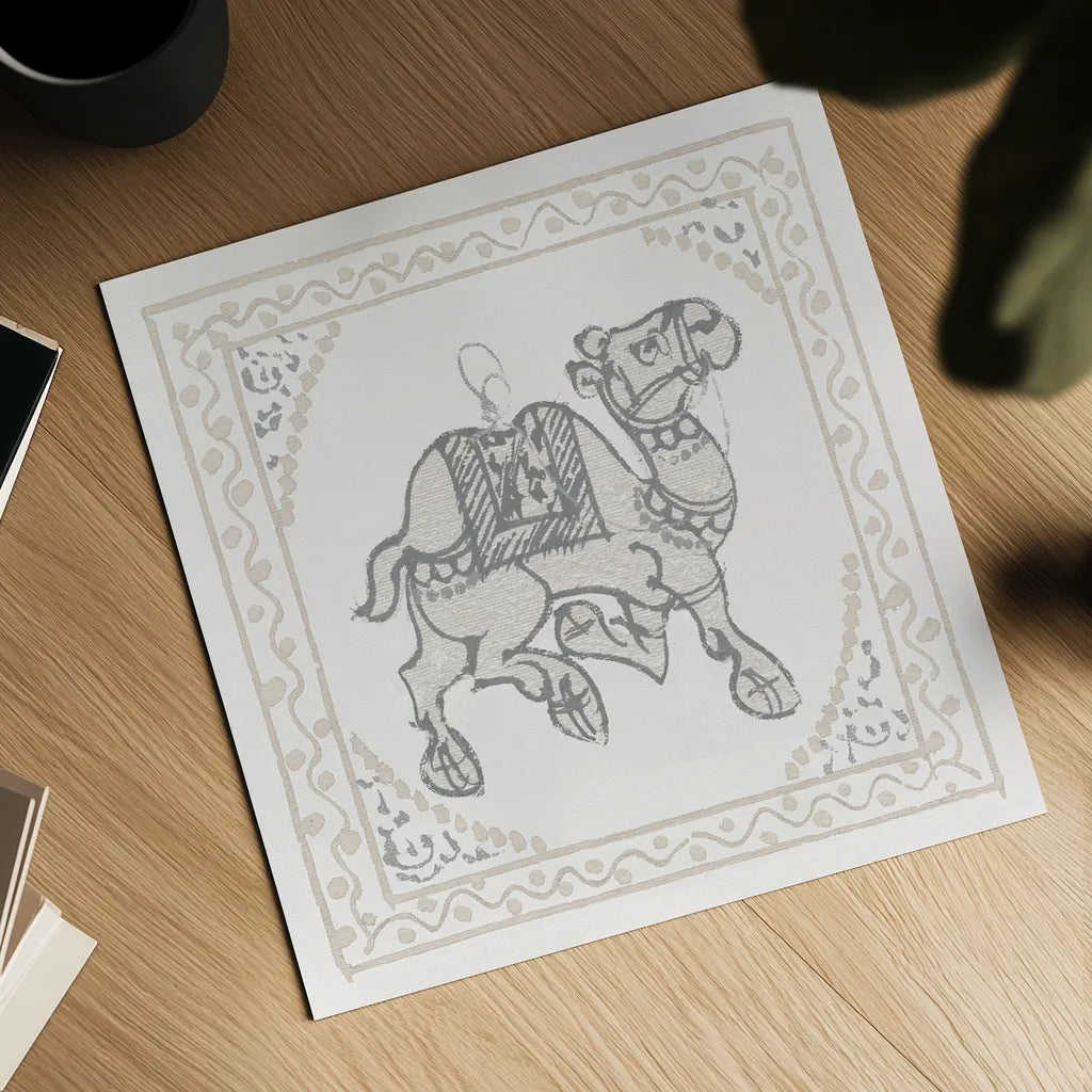 Winter Caravan Camel by Wild Apple Portfolio. Shown as a detailed flat fine art print, highlighting archival giclee quality. Available as an archival giclee rolled canvas, fine art paper, or poster print. SKU 56842a.