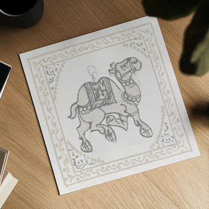 Winter Caravan Camel by Wild Apple Portfolio. Shown as a detailed flat fine art print, highlighting archival giclee quality. Available as an archival giclee rolled canvas, fine art paper, or poster print. SKU 56842a.