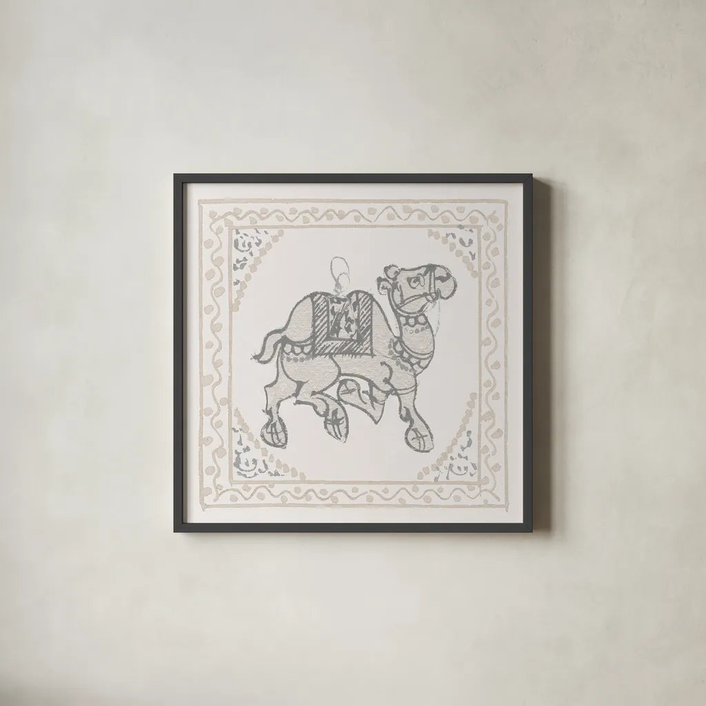 Winter Caravan Camel by Wild Apple Portfolio. Shown in a sleek black glass frame for a contemporary gallery look. Available as an archival giclee rolled canvas, fine art paper, or poster print. SKU 56842a.