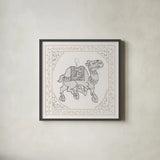 Winter Caravan Camel by Wild Apple Portfolio. Shown in a sleek black glass frame for a contemporary gallery look. Available as an archival giclee rolled canvas, fine art paper, or poster print. SKU 56842a.