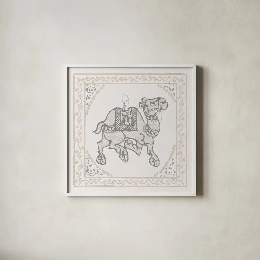 Winter Caravan Camel by Wild Apple Portfolio. Shown in a crisp white glass frame for a clean and minimalist style. Available as an archival giclee rolled canvas, fine art paper, or poster print. SKU 56842a.