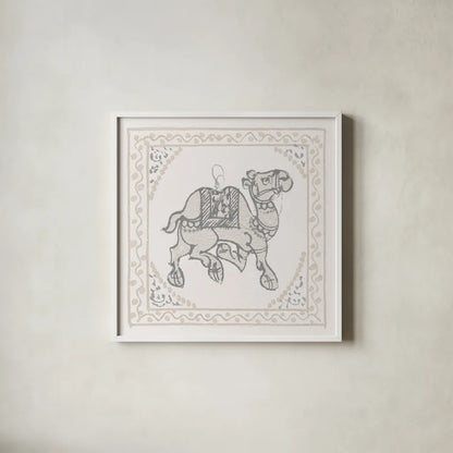 Winter Caravan Camel by Wild Apple Portfolio. Shown in a crisp white glass frame for a clean and minimalist style. Available as an archival giclee rolled canvas, fine art paper, or poster print. SKU 56842a.