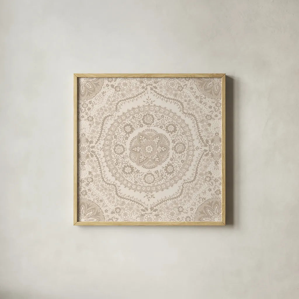 Zen Mandala by Wild Apple Portfolio. Shown in a natural wood glass frame for a timeless modern aesthetic. Available as an archival giclee rolled canvas, fine art paper, or poster print. SKU 82170a.