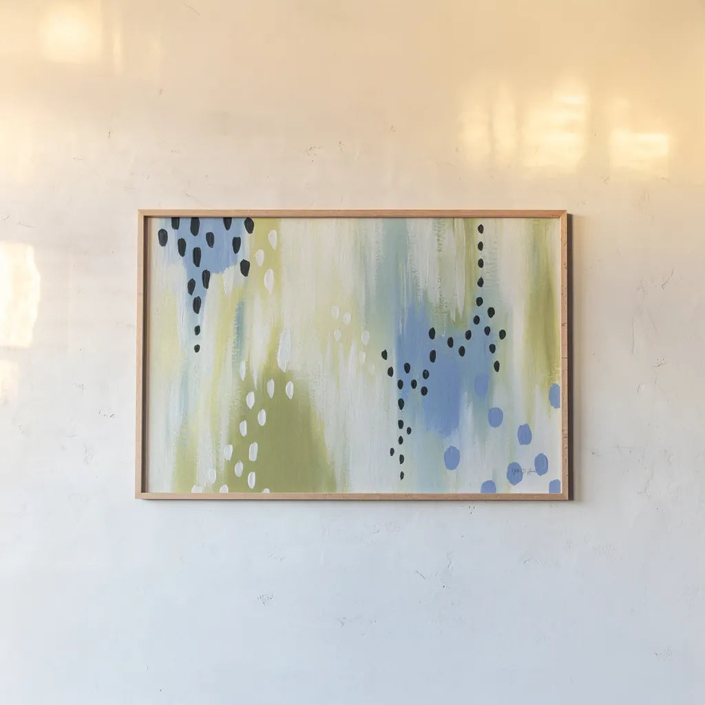 Abstract Aqua Vibe by Yvette St. Amant. shown as a paper print in a natural frame. Available as a archival giclee rolled canvas, fine art paper, or poster print. SKU 88230i.