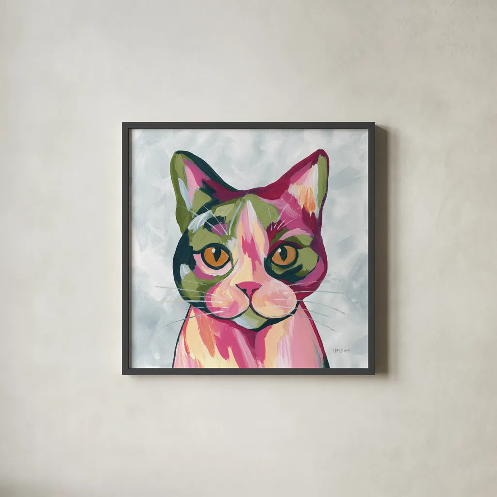 Abstract Cat by Yvette St. Amant. Shown in a sleek black glass frame for a contemporary gallery look. Available as an archival giclee rolled canvas, fine art paper, or poster print. SKU 99750a.