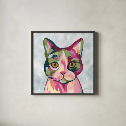 Abstract Cat by Yvette St. Amant. Shown in a sleek black glass frame for a contemporary gallery look. Available as an archival giclee rolled canvas, fine art paper, or poster print. SKU 99750a.