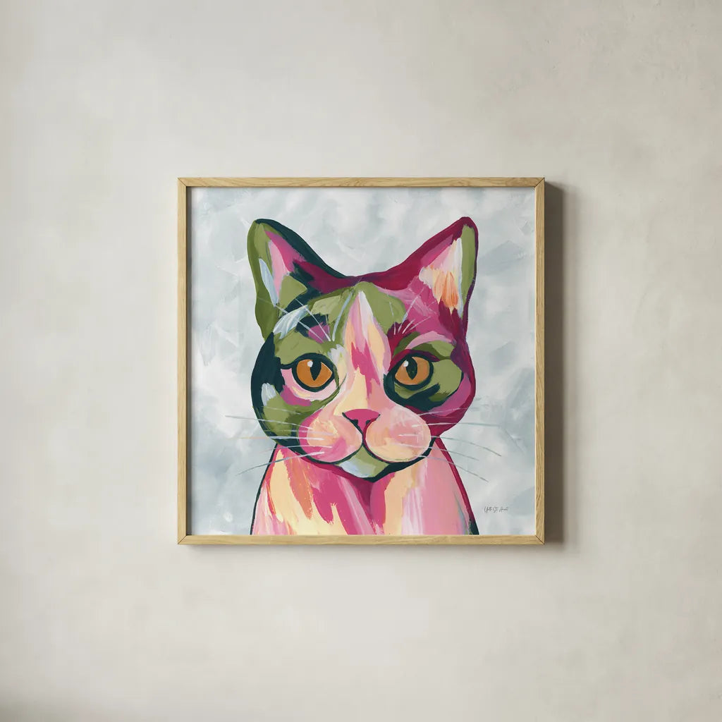 Abstract Cat by Yvette St. Amant. Shown in a natural wood glass frame for a timeless modern aesthetic. Available as an archival giclee rolled canvas, fine art paper, or poster print. SKU 99750a.