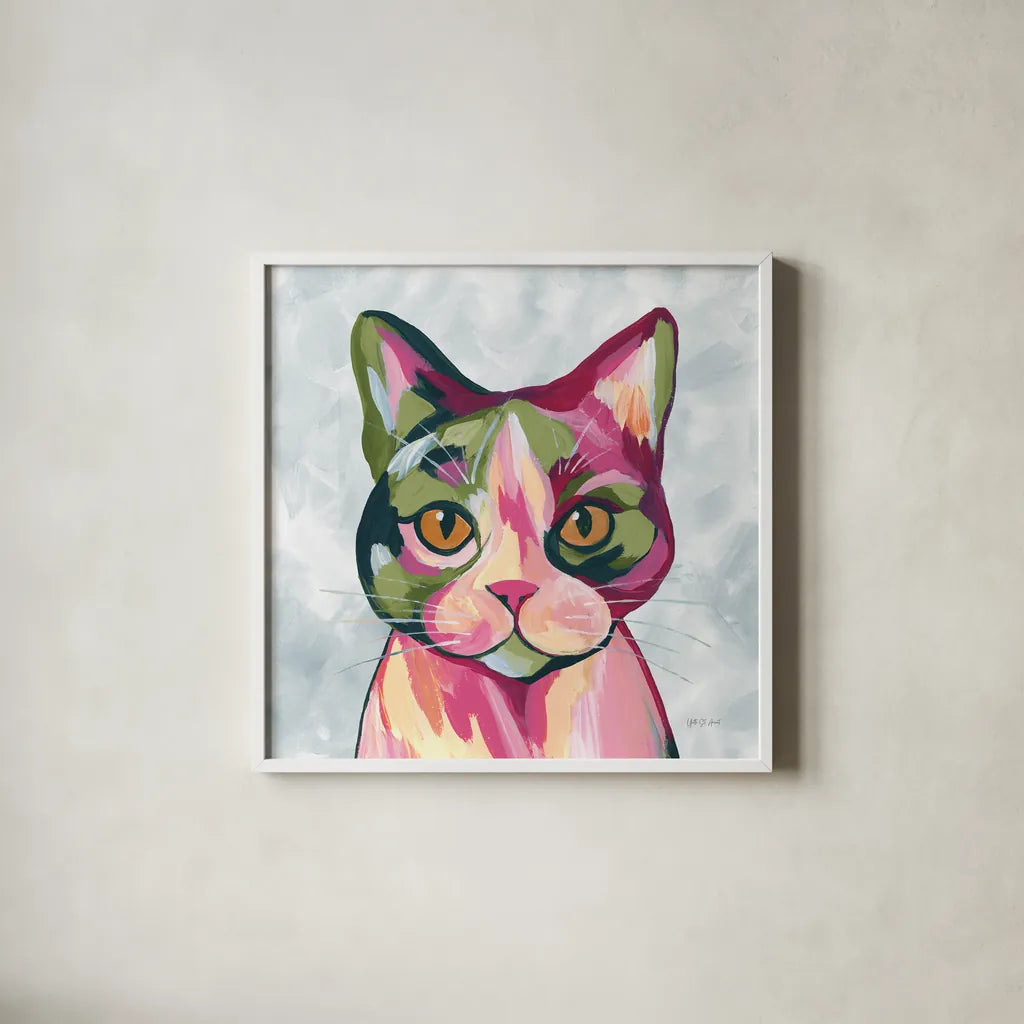 Abstract Cat by Yvette St. Amant. Shown in a crisp white glass frame for a clean and minimalist style. Available as an archival giclee rolled canvas, fine art paper, or poster print. SKU 99750a.