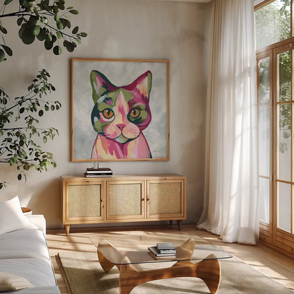 Abstract Cat by Yvette St. Amant. Shown in a natural wood frame in a cozy modern living room. Available as an archival giclee rolled canvas, fine art paper, or poster print. SKU 99750a.