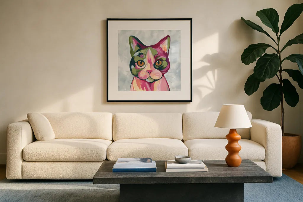 Abstract Cat by Yvette St. Amant. Displayed in a glass frame with matte in a clean modern living room. Available as an archival giclee rolled canvas, fine art paper, or poster print. SKU 99750a.