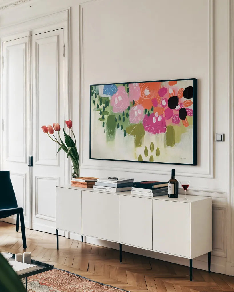 Abstract Floral by Yvette St. Amant. shown as a framed stretched canvas in a living room above a console. Available as a archival giclee rolled canvas, fine art paper, or poster print. SKU 89155i.