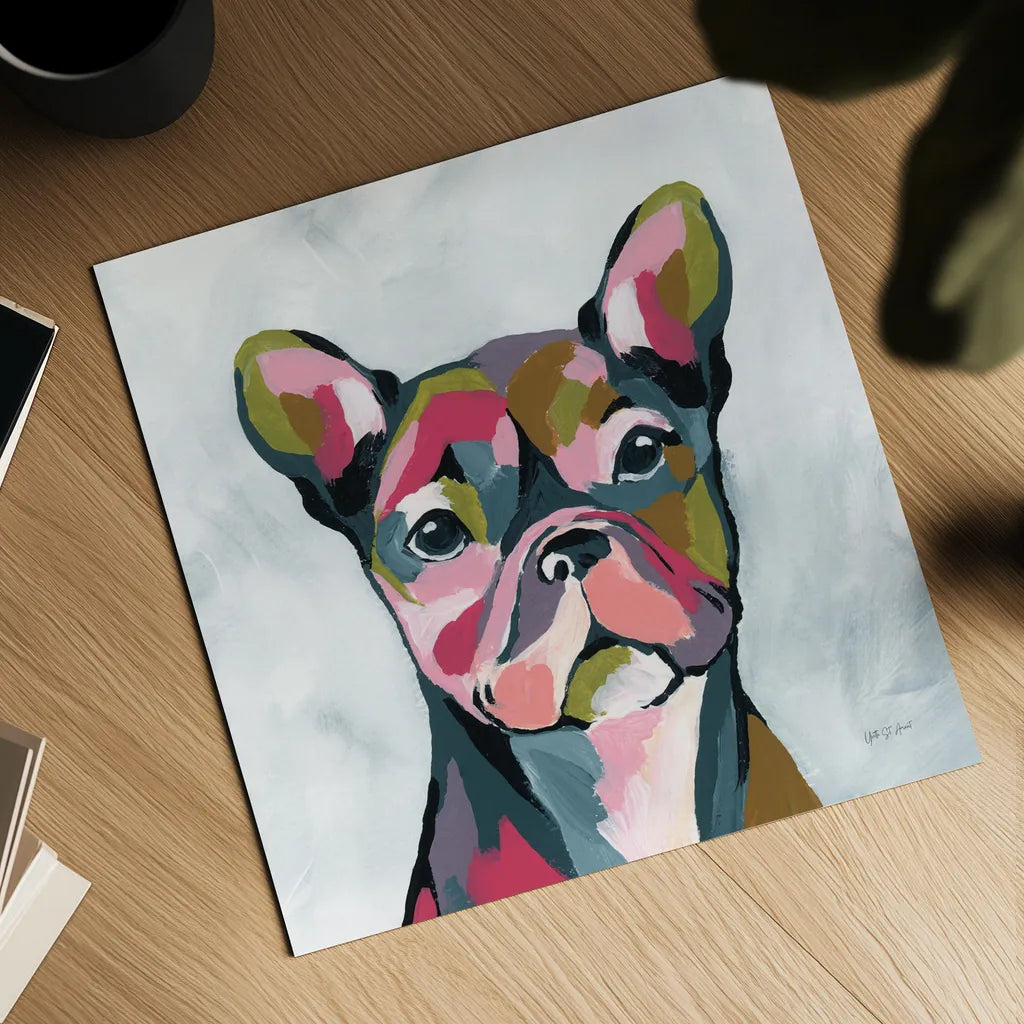 Abstract French Bulldog by Yvette St. Amant. Shown as a detailed flat fine art print, highlighting archival giclee quality. Available as an archival giclee rolled canvas, fine art paper, or poster print. SKU 89575a.