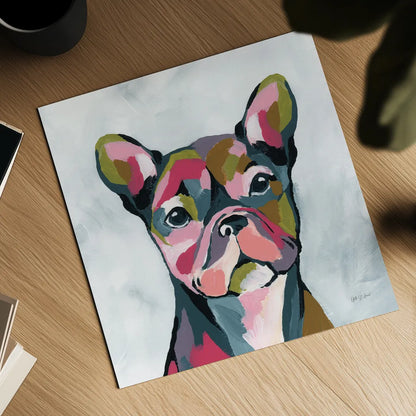 Abstract French Bulldog by Yvette St. Amant. Shown as a detailed flat fine art print, highlighting archival giclee quality. Available as an archival giclee rolled canvas, fine art paper, or poster print. SKU 89575a.