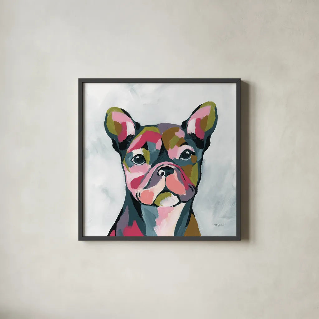 Abstract French Bulldog by Yvette St. Amant. Shown in a sleek black glass frame for a contemporary gallery look. Available as an archival giclee rolled canvas, fine art paper, or poster print. SKU 89575a.