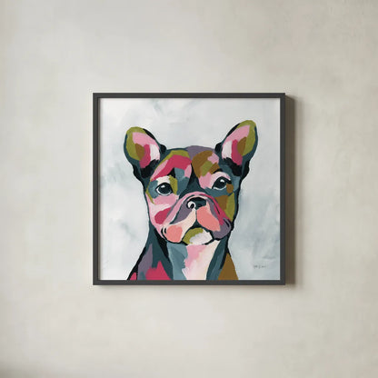 Abstract French Bulldog by Yvette St. Amant. Shown in a sleek black glass frame for a contemporary gallery look. Available as an archival giclee rolled canvas, fine art paper, or poster print. SKU 89575a.
