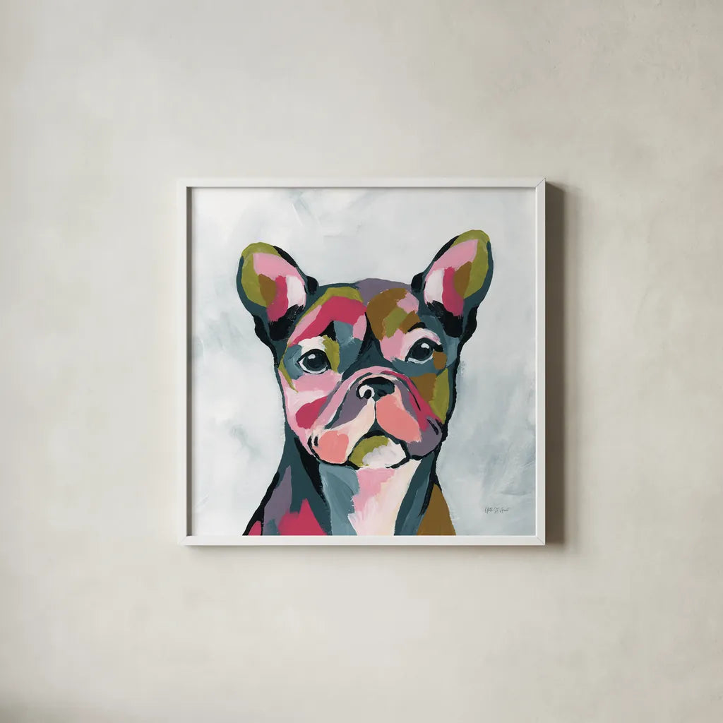 Abstract French Bulldog by Yvette St. Amant. Shown in a crisp white glass frame for a clean and minimalist style. Available as an archival giclee rolled canvas, fine art paper, or poster print. SKU 89575a.