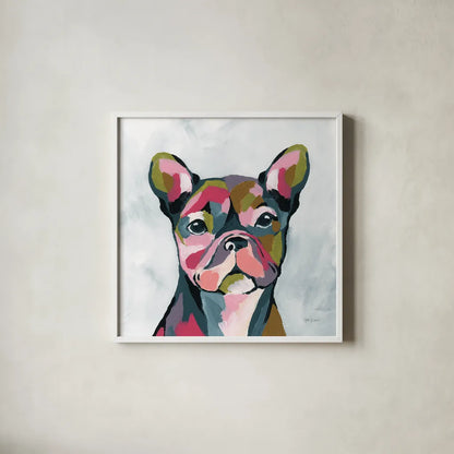 Abstract French Bulldog by Yvette St. Amant. Shown in a crisp white glass frame for a clean and minimalist style. Available as an archival giclee rolled canvas, fine art paper, or poster print. SKU 89575a.
