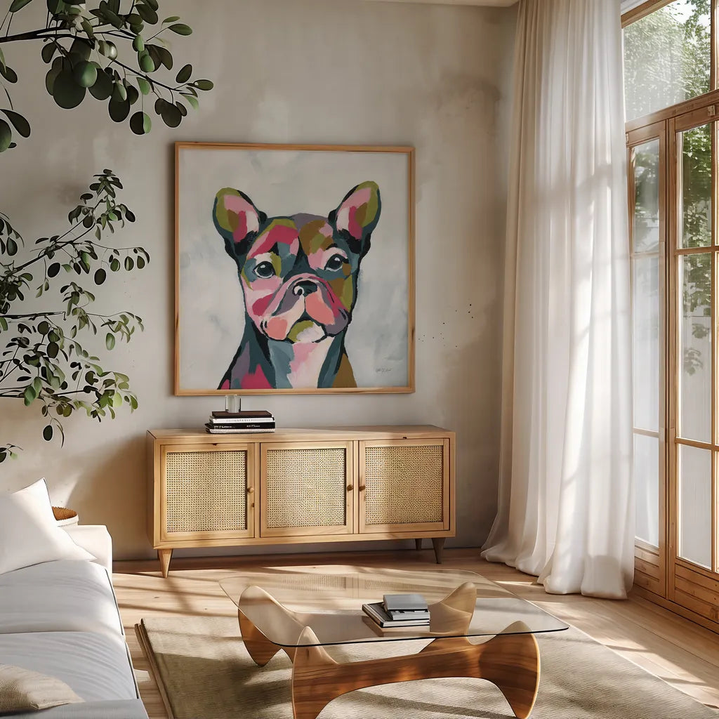Abstract French Bulldog by Yvette St. Amant. Shown in a natural wood frame in a cozy modern living room. Available as an archival giclee rolled canvas, fine art paper, or poster print. SKU 89575a.