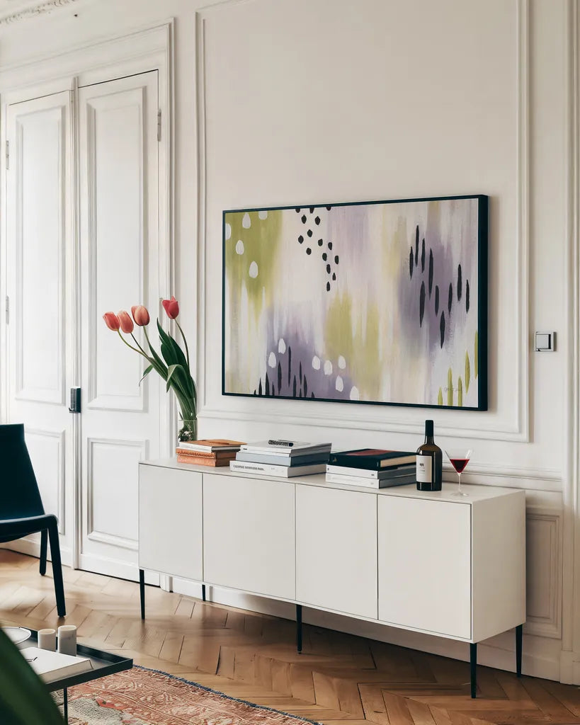 Abstract Lavender Essence by Yvette St. Amant. shown as a framed stretched canvas in a living room above a console. Available as a archival giclee rolled canvas, fine art paper, or poster print. SKU 88229i.