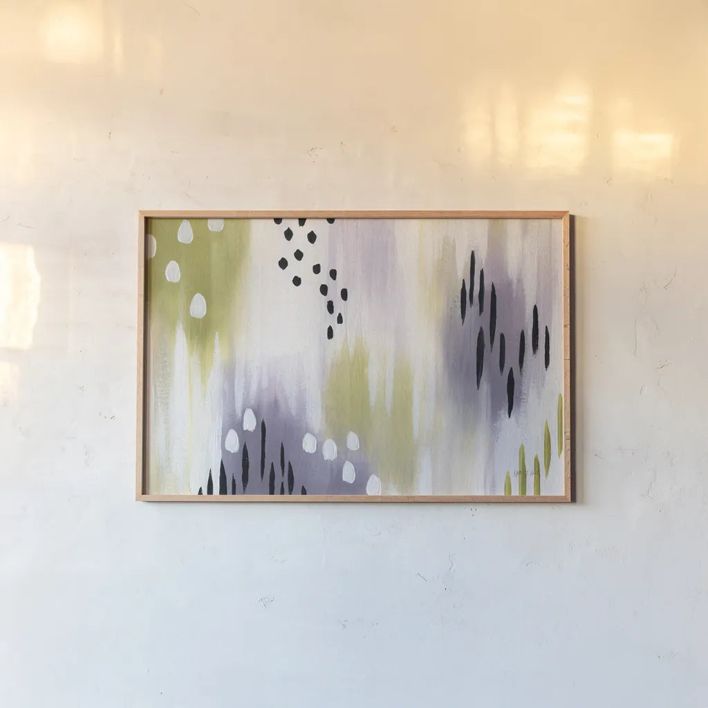 Abstract Lavender Essence by Yvette St. Amant. shown as a paper print in a natural frame. Available as a archival giclee rolled canvas, fine art paper, or poster print. SKU 88229i.