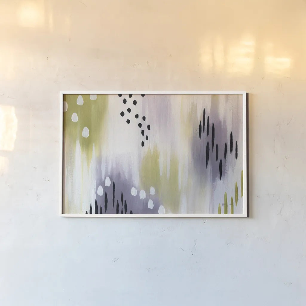 Abstract Lavender Essence by Yvette St. Amant. shown as a paper print in a white frame. Available as a archival giclee rolled canvas, fine art paper, or poster print. SKU 88229i.