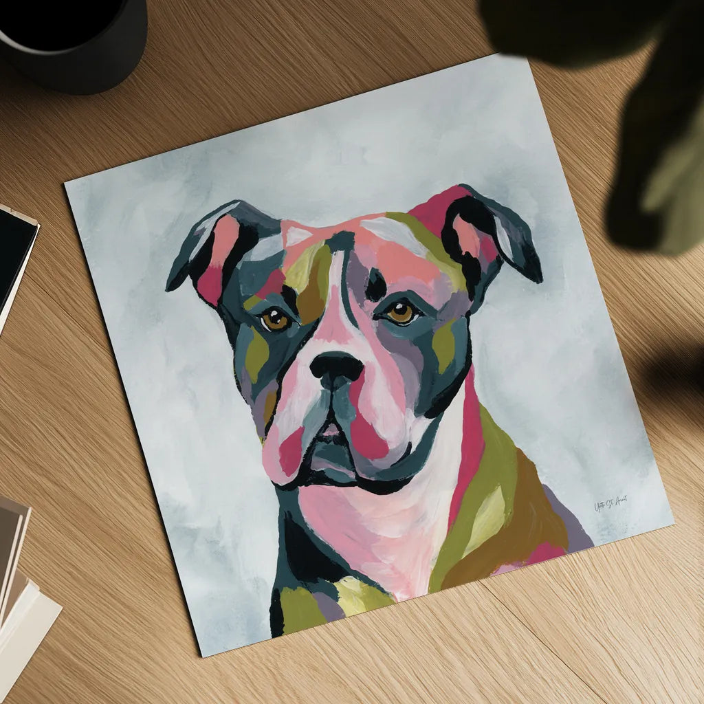 Abstract Pitbull by Yvette St. Amant. Shown as a detailed flat fine art print, highlighting archival giclee quality. Available as an archival giclee rolled canvas, fine art paper, or poster print. SKU 89576a.